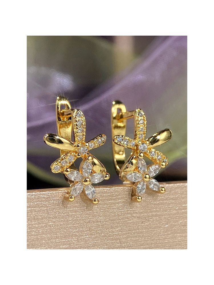 Jewels Galaxy Gold Plated American Diamond Studded Dual Star Shaped Hoops Earrings-picture-14