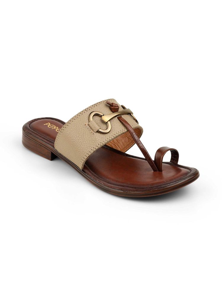 PEPPER Beige Classic T-Strap Kolhapuris