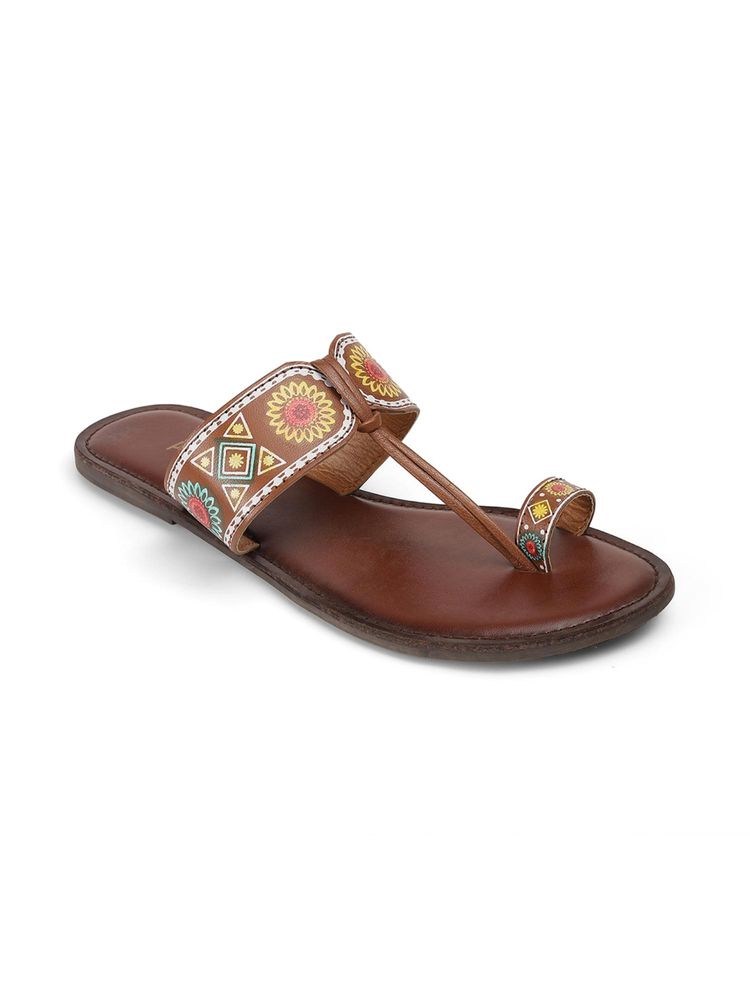 PEPPER Tan Floral Leather Kolhapuris