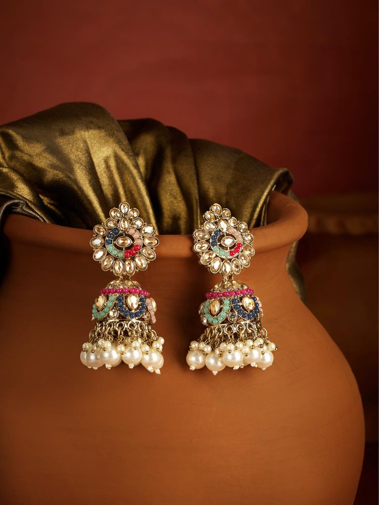 Zaveri Pearls Multicolour Stones Cluster Beads Drop Ethnic Jhumka Earrings-image-25