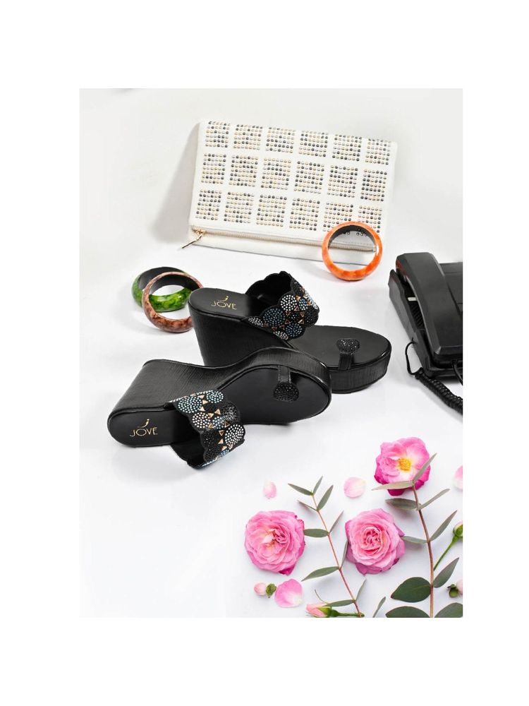 Jove Women Black Embellished Wedge Heels-picture-21