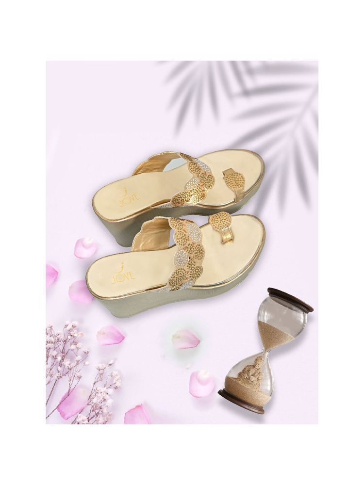Jove Women Gold Embellished Wedge Heels-picture-25