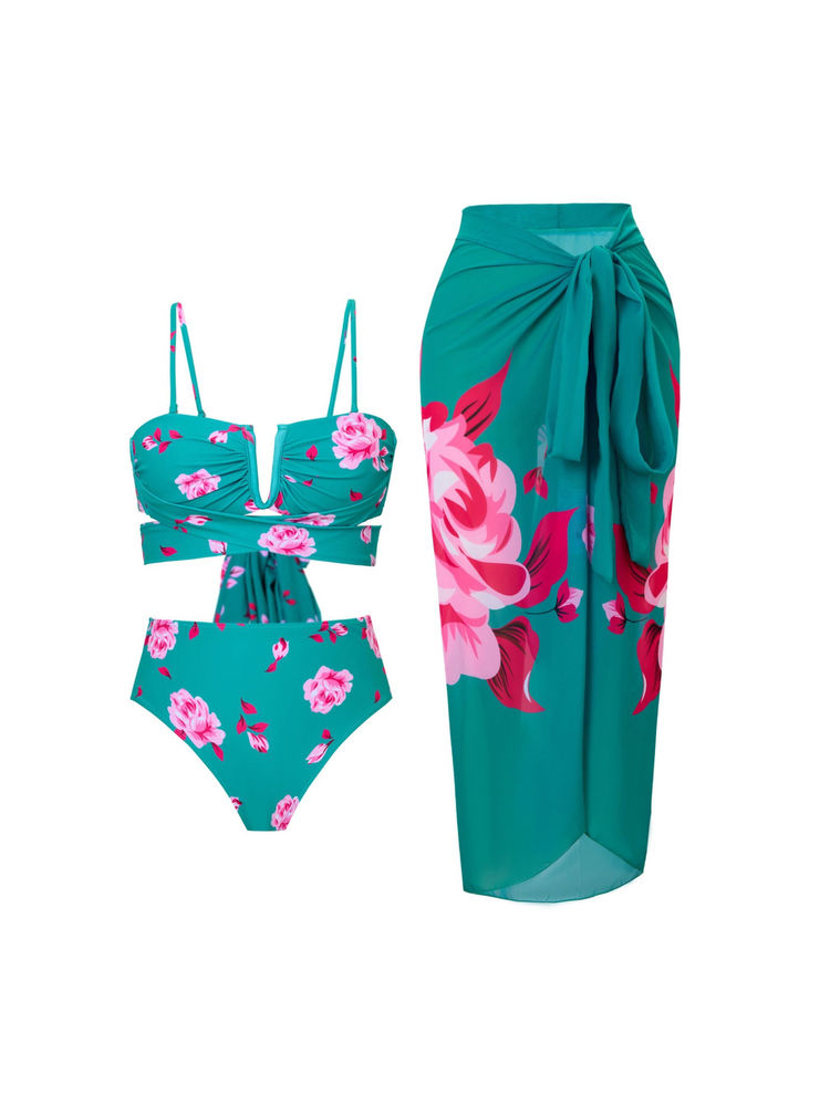 Addery Women Teal Floral Top Panty & Cover-Up (Set of 3)-picture-15