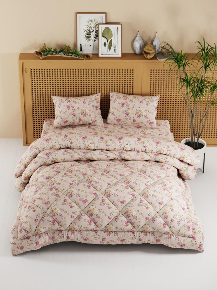 KOPA Floral Pink Micro Double Comforter with Bedsheet & Pillow Cover (One Size)-picture-19