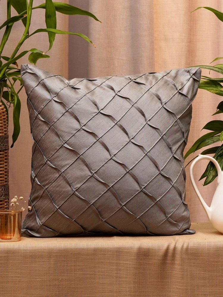 Zeba World Grey Pleated Technique Pin Tuck Polyester Cushion Cover (16x16 Inches)-image-35