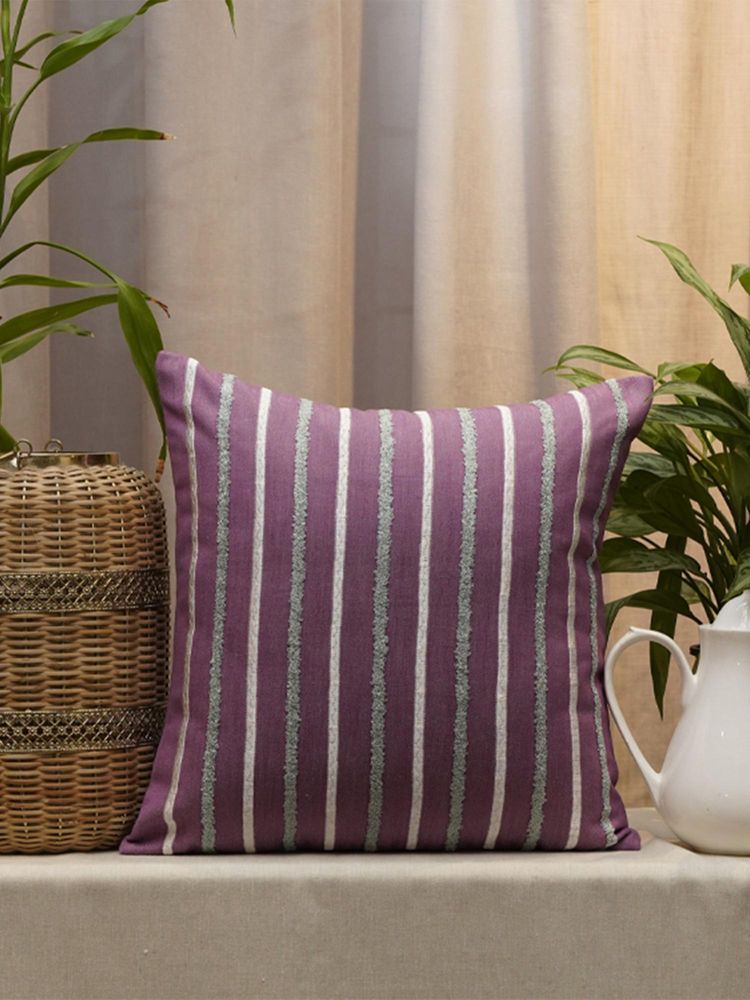Zeba World Pink Stripes Embroidered Cotton Blend Cushion Cover (16x16 Inches)-image-8