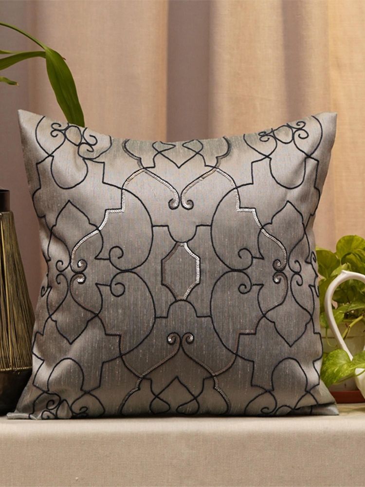 Zeba World Grey Embroidered and Printed Polyester Cushion Cover (16x16 Inches)-image-14