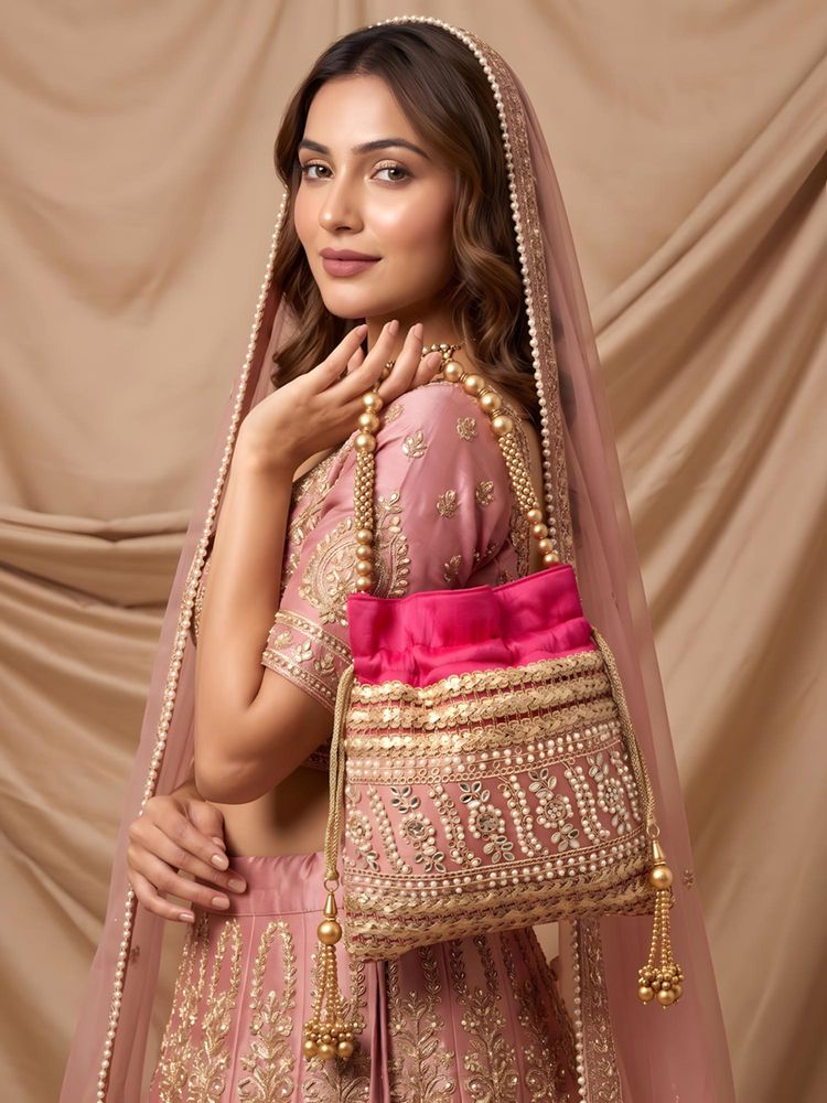 ADIVA Pink Fabric Pearl Beaded Handheld Ethnic Potli Bag-picture-42