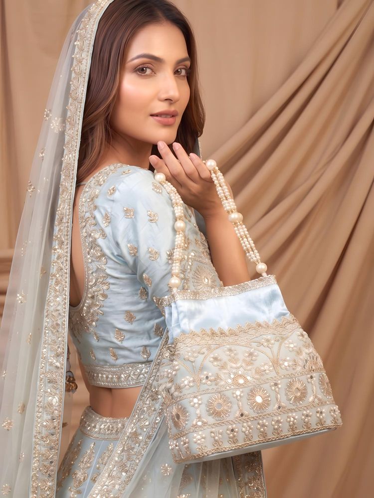 ADIVA Blue Fabric Pearl Beaded Handheld Ethnic Handbag-image-41