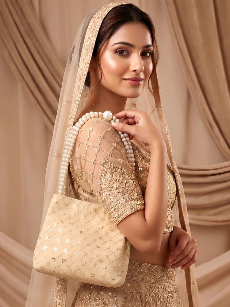 ADIVA Gold Fabric Sequin Pearl Beaded Handheld Handbag-image-41