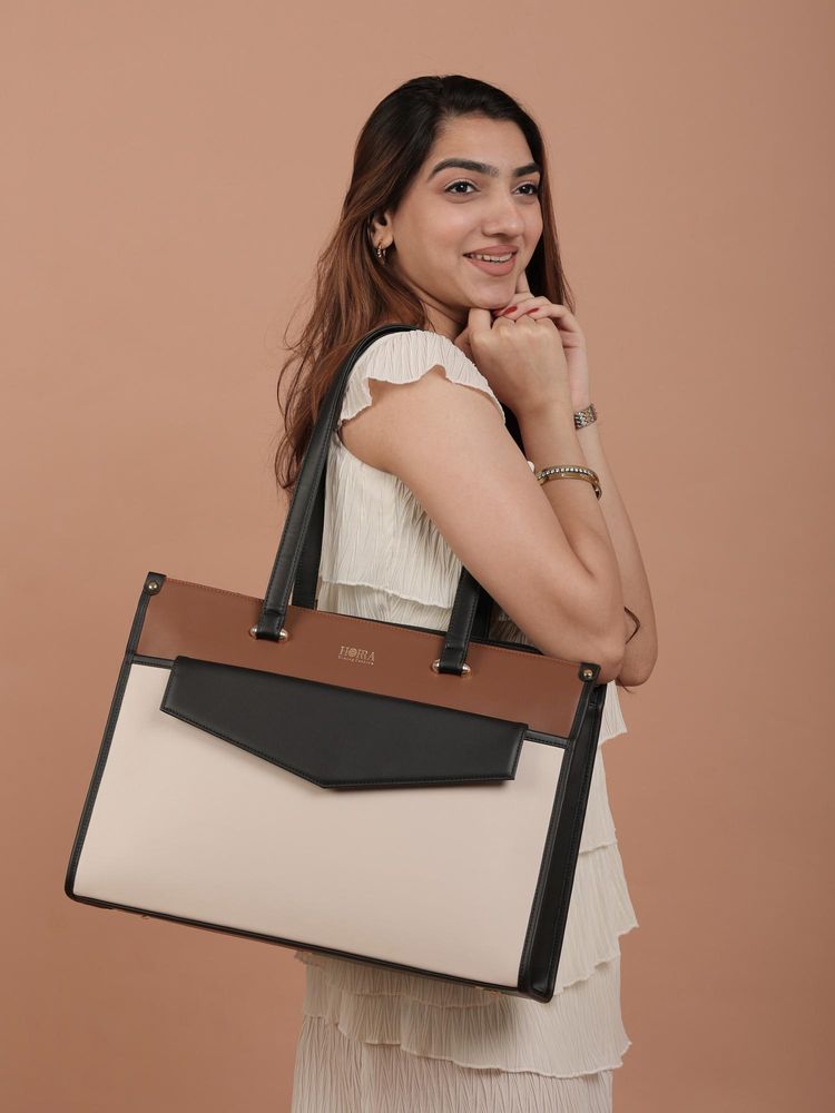 Horra Women Laptop Tote Bag - Black & Tan-image-19