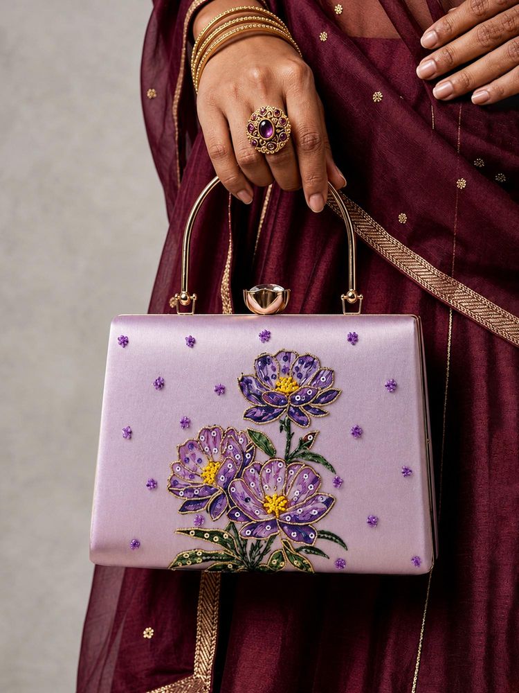 ARTKLIM Purple Floral Embroidered Clutch With Detachable Strap-image-1