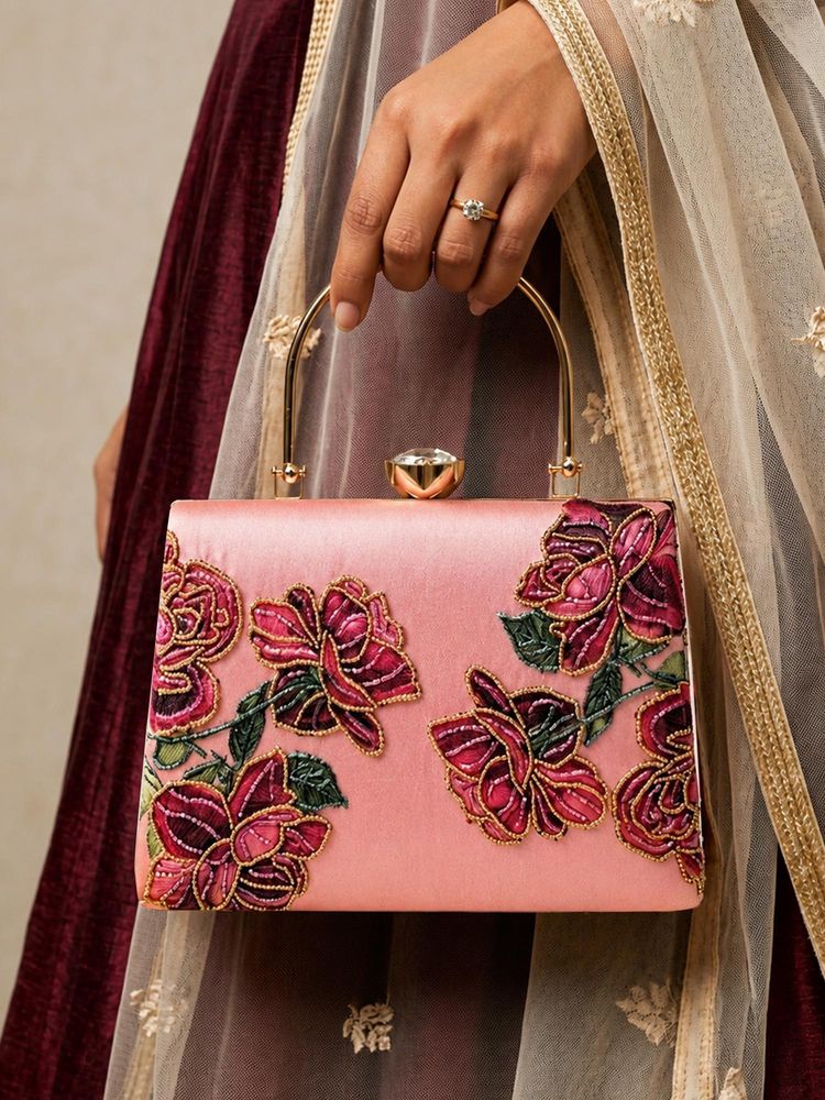 ARTKLIM Pink Rose Embroidered Designer Clutch With Detachable Strap-picture-1