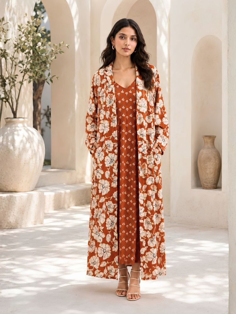 FEATHERS CLOSET Rust Muse Pure Cotton V-Neck Dress And Shrug For Women-image-48