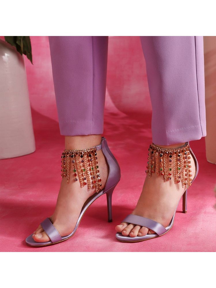 Saint G Multi Stone Studded Chain Lilac Satin Stilettos