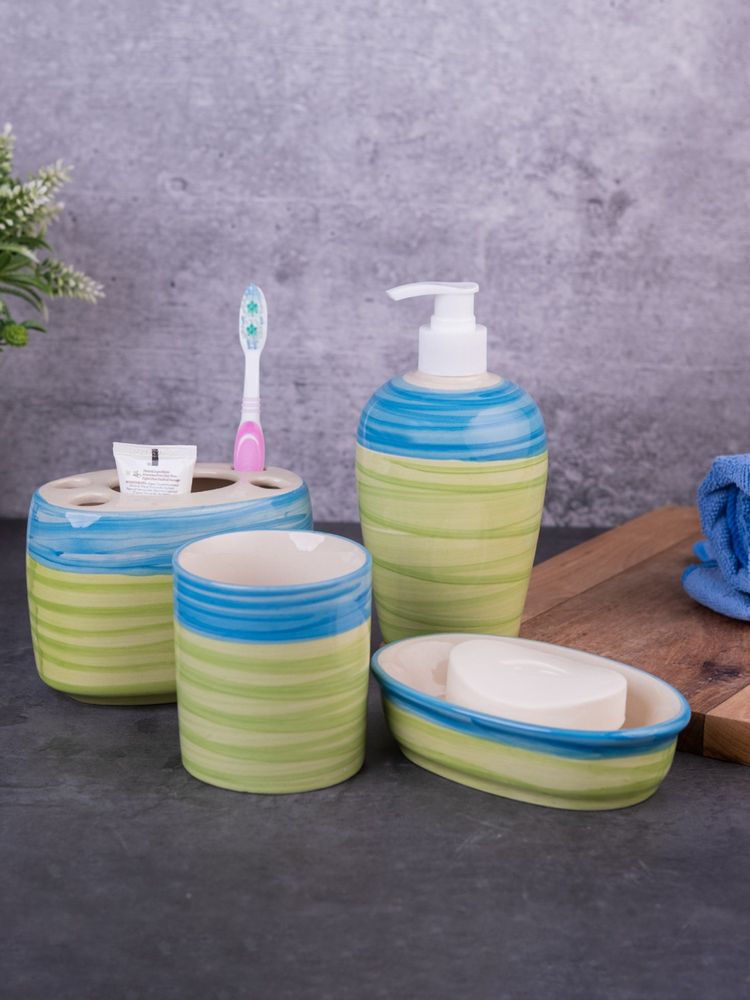 VarEesha Ananda Blue Green Ceramic 4 Piece Bathroom Accessories Set Soap Dispenser with Accessories-picture-20