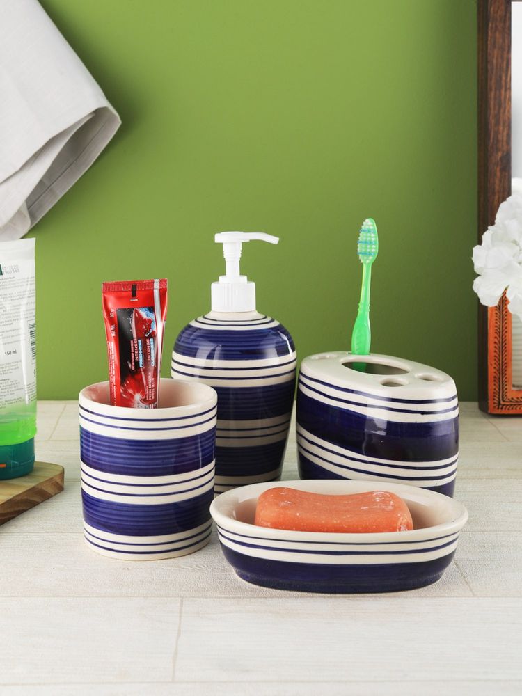 VarEesha Indigo Blue Stripes Ceramic 4 Piece Bathroom Accessories Set Soap Dispenser with Accessories-picture-37