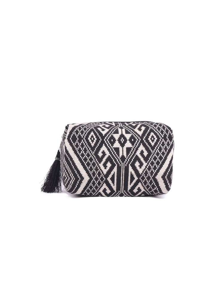 ASTRID Black & White Diamond Pattern Woven Makeup/travel Pouch With Tassels