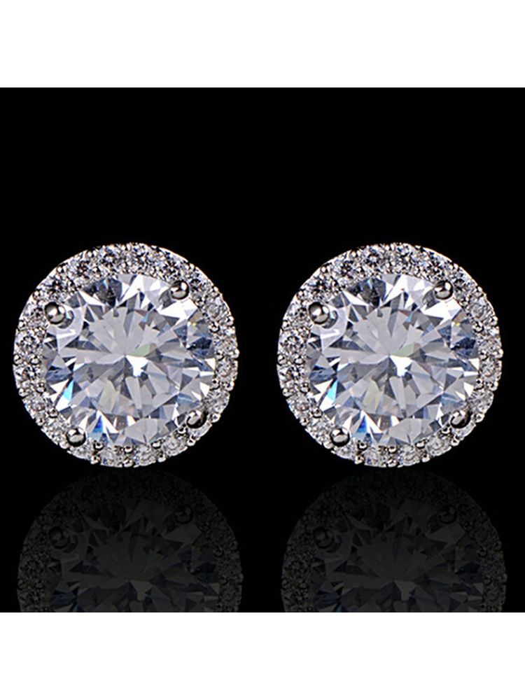 OOMPH Silver Tone Round Cubic Zirconia Solitaire Ear Stud Earrings