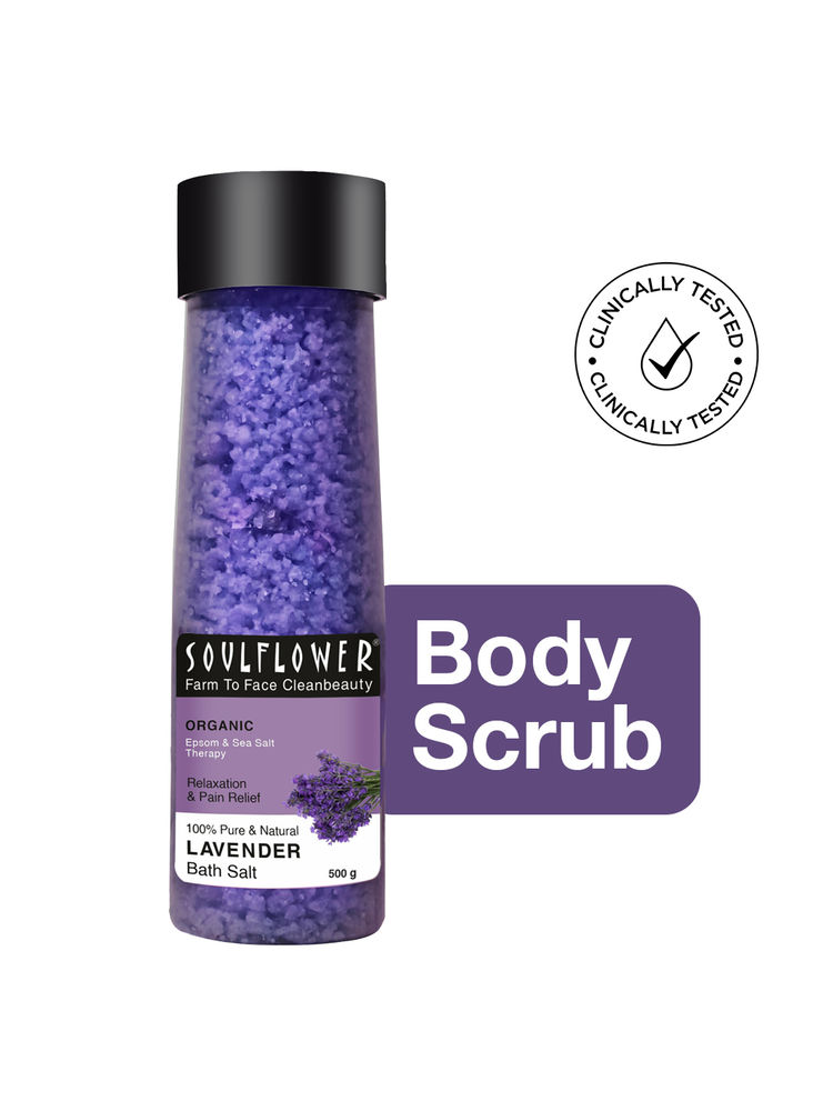 Soulflower Exfoliating Lavender Body Scrub & Epsom Bath Salt, Vitamin E, Olive, Relaxing Muscle Pain