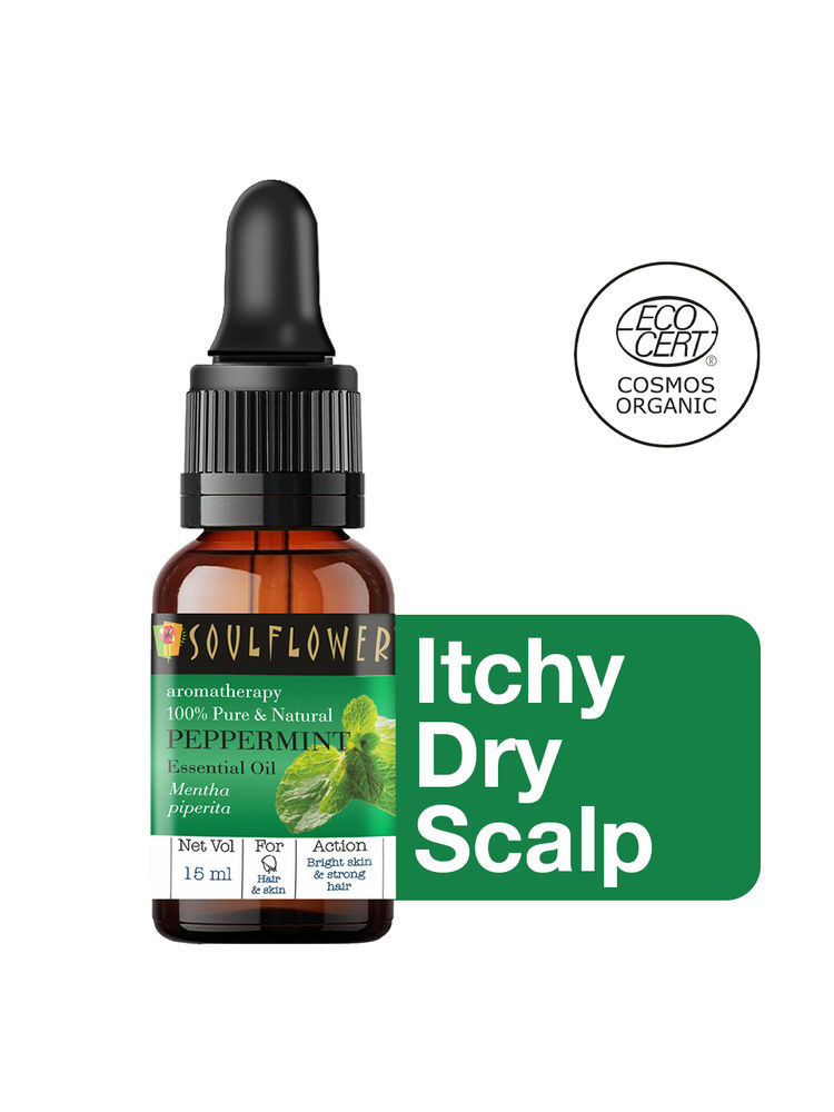 Soulflower Organic Peppermint Essential Oil for Hair Growth, Itchy Scalp Care, Dandruff Control