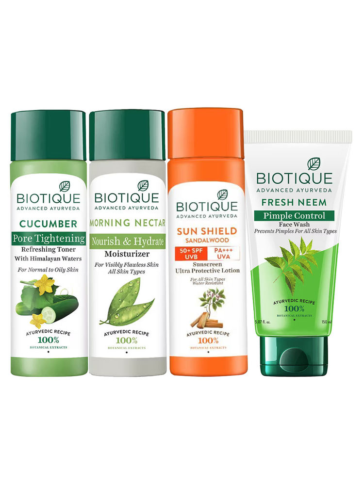 Biotique Skincare Routine Cleanser, Toner, Moisturizer & Sunscreen Combo