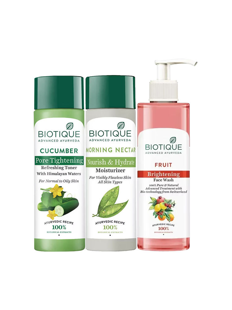 Biotique Fruit Brighting Face Wash, Cucumber Toner & Morning Necter Moisturizer CTM Combo