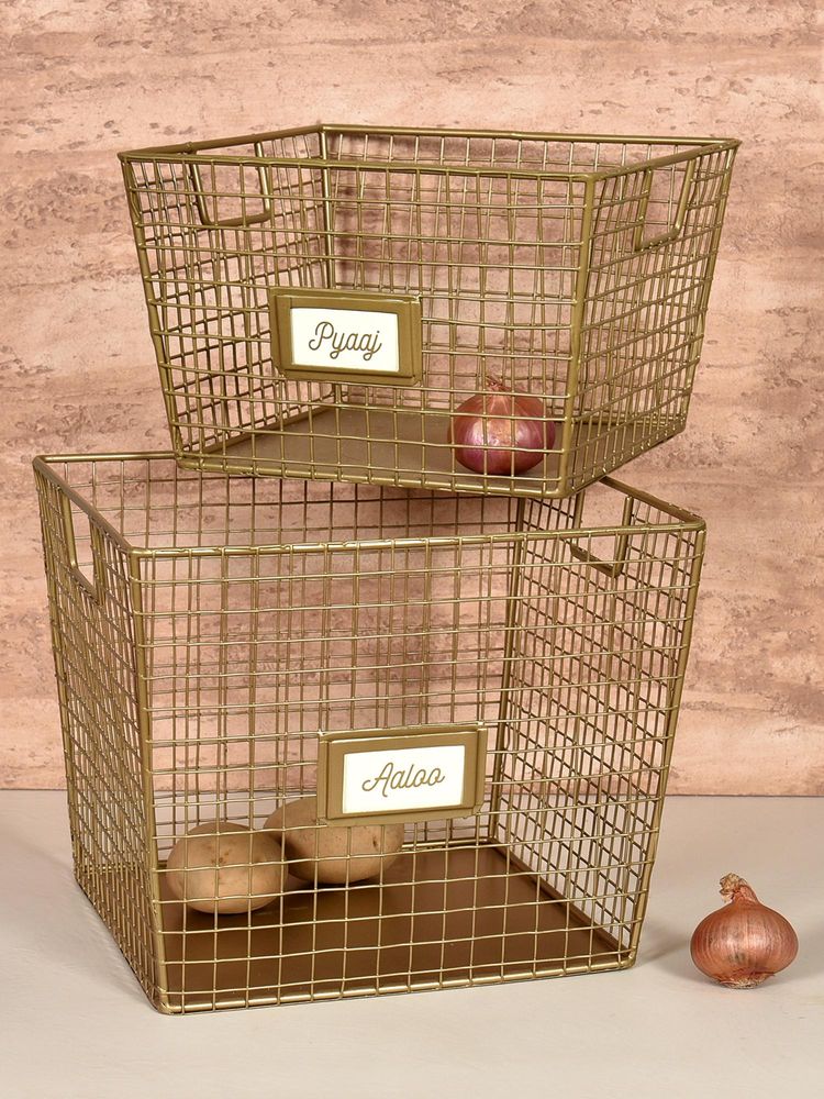 Living With Elan Dabbahs and Days Potato Onion Storage Baskets -Set Of 2, Antique Gold-image-26
