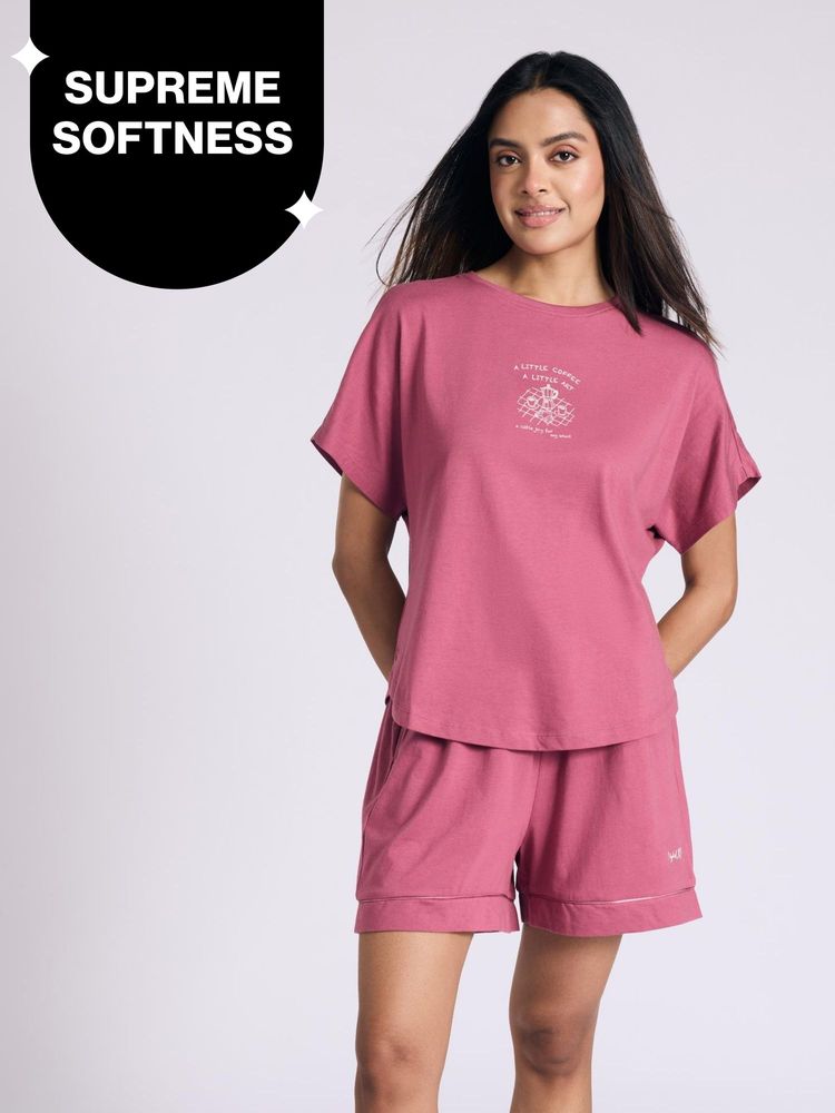 nykd by nykaa Buttery Soft Modal Cotton Shorts Coord Set With Round Neck Graphic Tee Nys940 Grape Coffee-picture-12