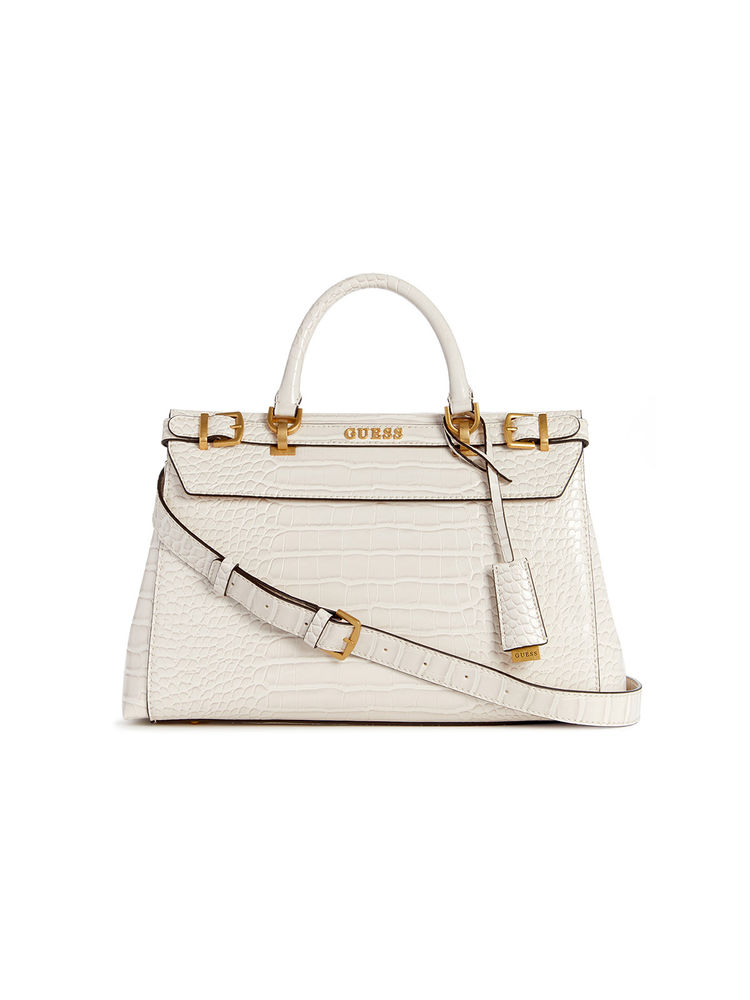 guess fashion Guess Women White Animal Printed Satchel Bag With Zip Closure With Detachable Strap-picture-35