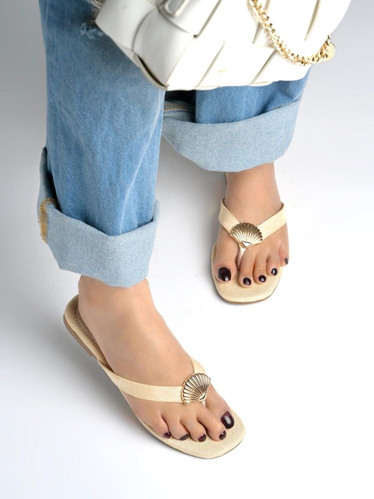 Shoetopia Women Cream Textured V-Strap Flats-image-26