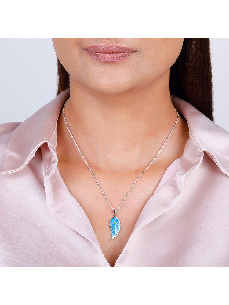 Giva 925 Sterling Silver Mystic Blue Leaf Pendant With Link Chain For Women-picture-11