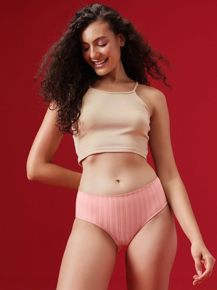 Clovia Pink Mid Waist Self-Patterned Hipster Brief-image-4