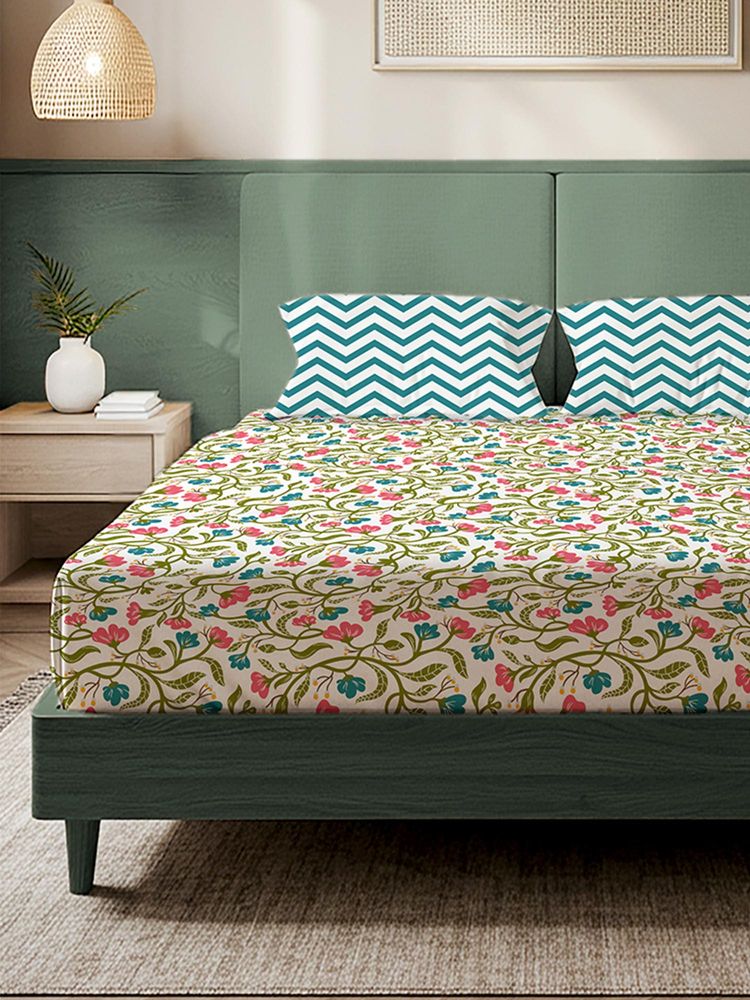 Urban Space Kashmir Pink & Blue Microfiber 200 TC Bedsheet with Pillow covers