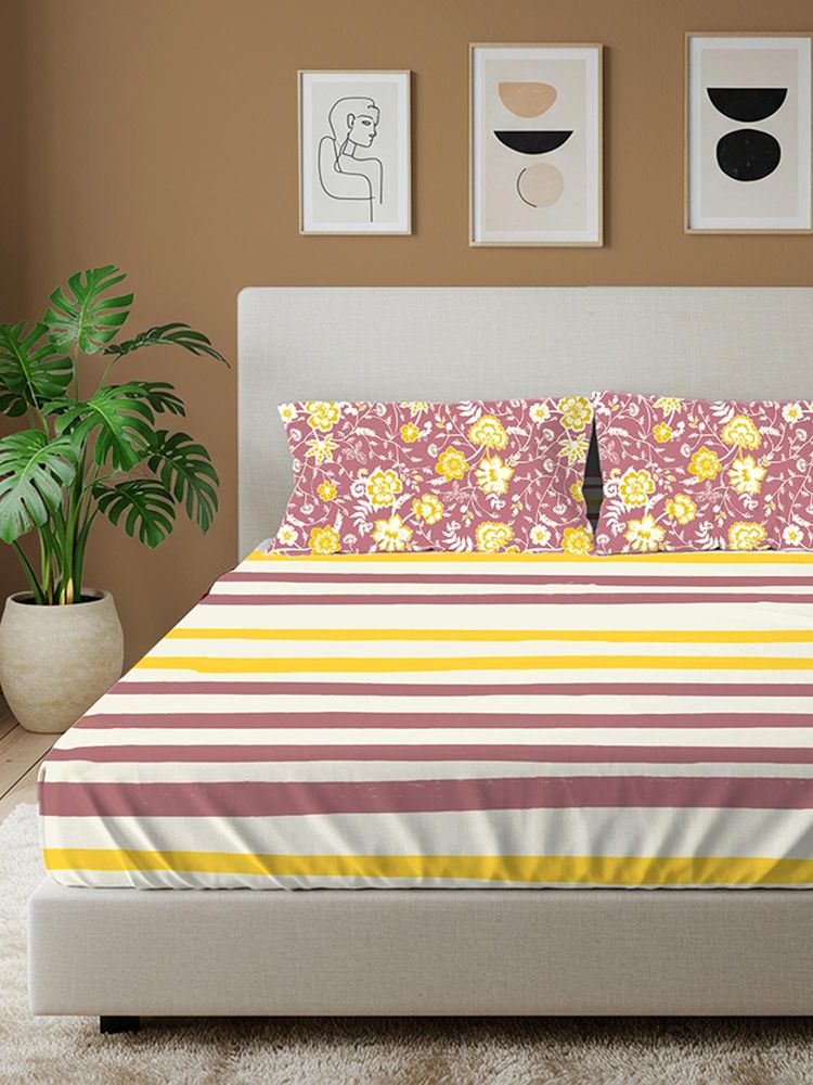 Urban Space Streak Muddy Pink Cotton Bedsheet with 2 Pillow Covers-picture-10