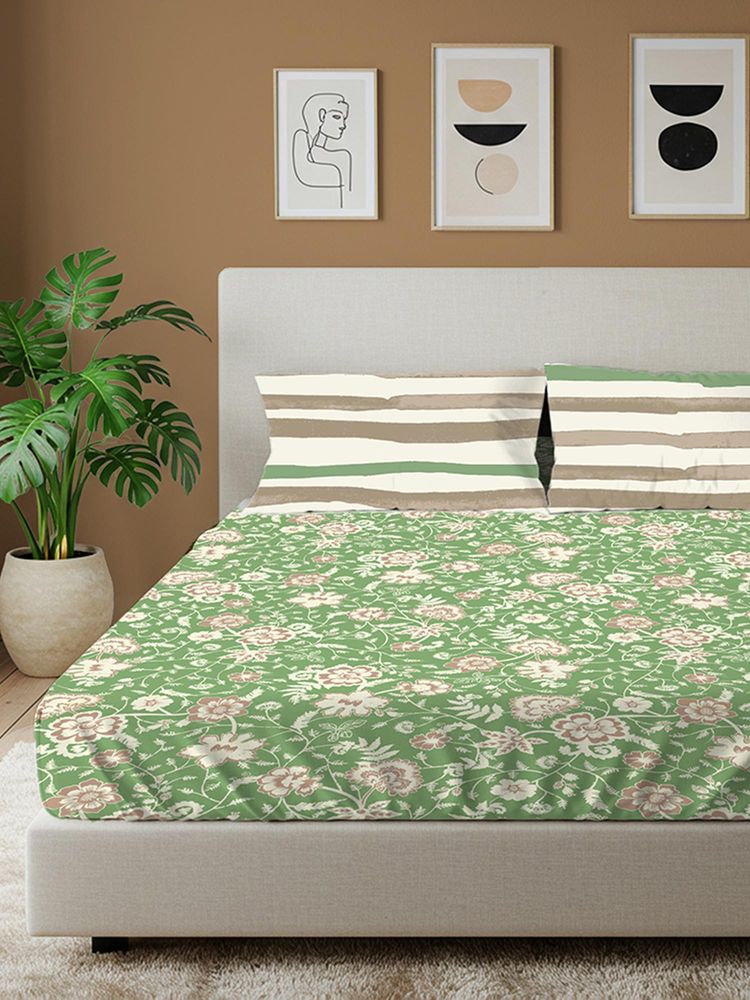 Urban Space Viola Sage Green Cotton Bedsheet with 2 Pillow Covers-image-2