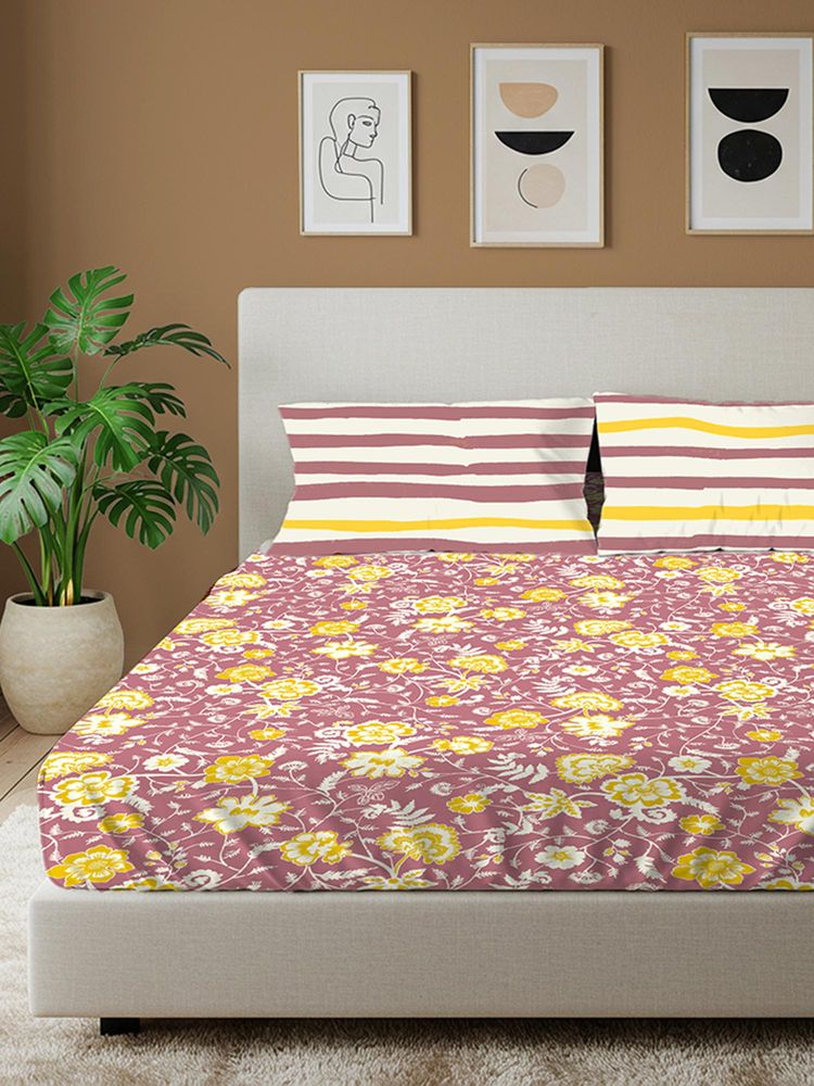 Urban Space Viola Muddy Pink Cotton Bedsheet with 2 Pillow Covers-image-43