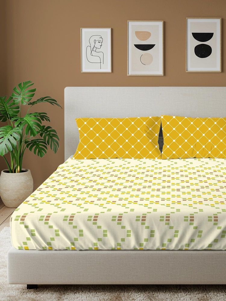 Urban Space Zen Blocks Yellow Cotton Bedsheet with 2 Pillow Covers-picture-11