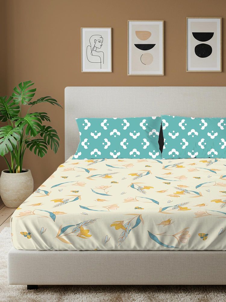Urban Space Sprinkle Buttercream Cotton Bedsheet with 2 Pillow Covers-image-42
