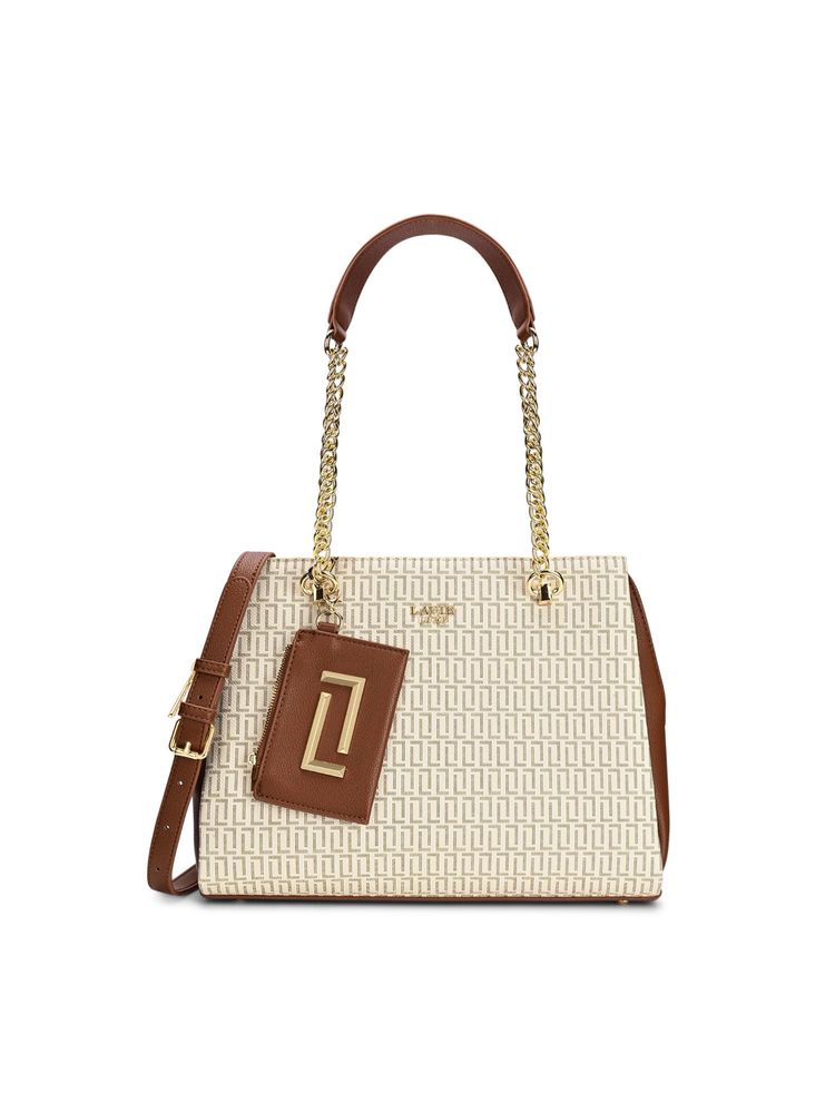 Lavie Luxe Women Monogram Ashley Satchel Bag With Detachable Strap & Pouch - White (L)-picture-17
