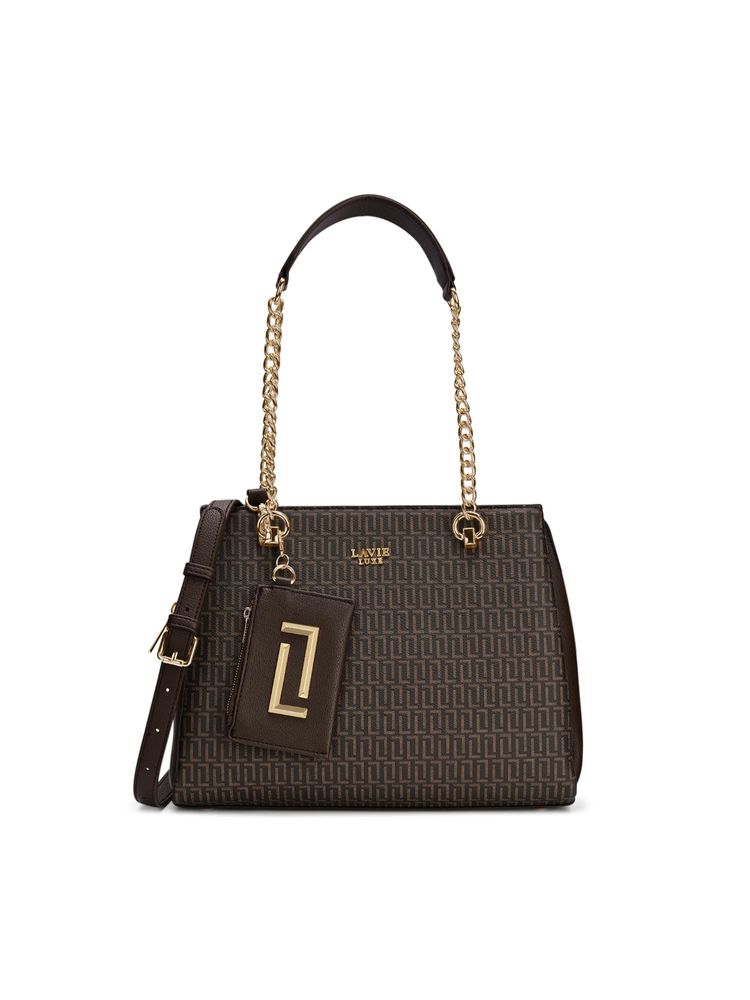 Lavie Luxe Women Monogram Ashley Satchel Bag With Detachable Strap & Pouch - Choco (L)-image-48