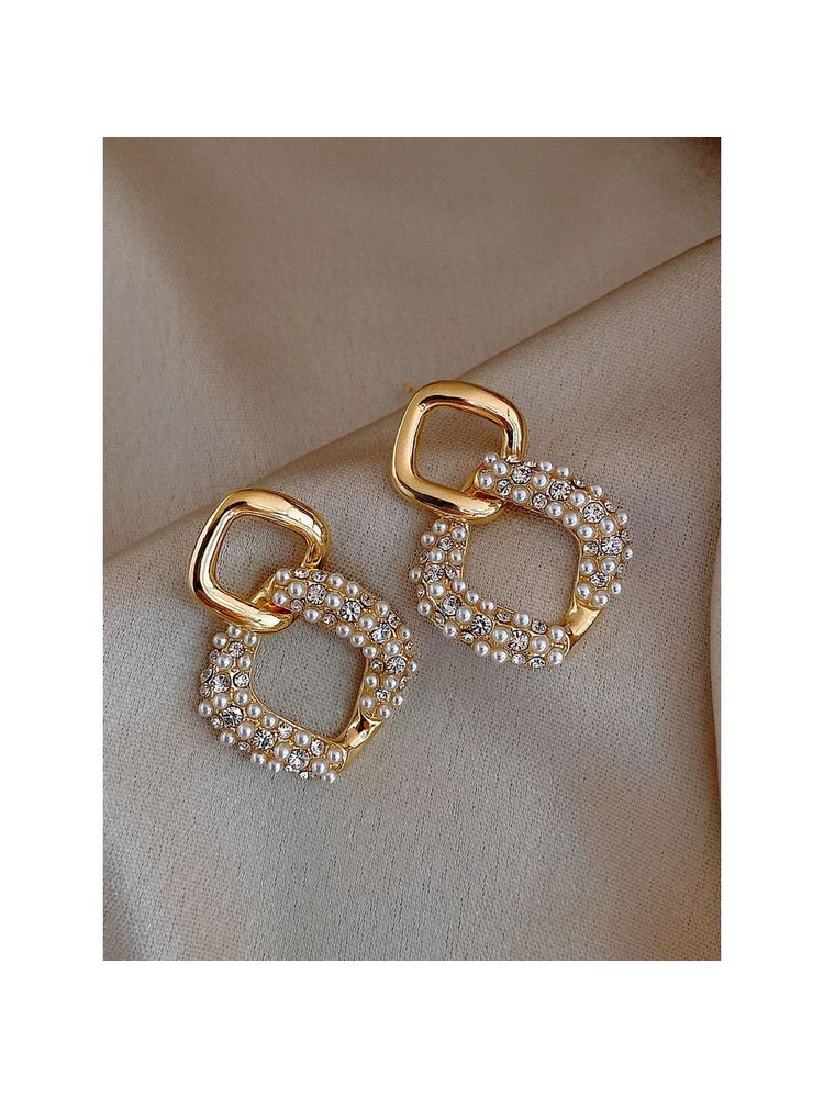 OOMPH Gold Tone Crystal and Pearls Link Fashion Drop Earrings-picture-40