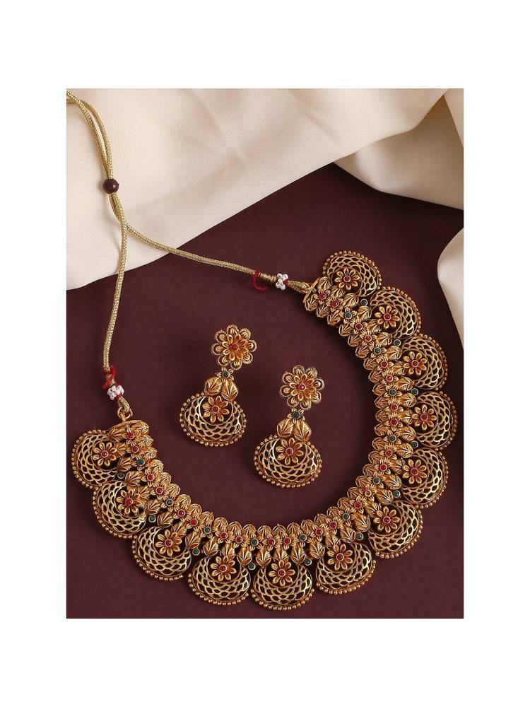 OOMPH Antique Gold Tone Red & Green Stone Choker Necklace Set-picture-11