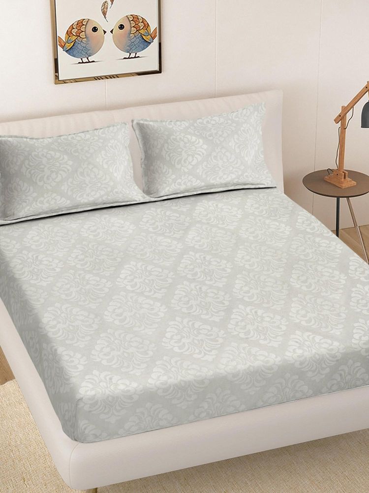 FABINALIV Cream Ethnic 300 Tc King Size Embossed Double Bedsheet with 2 Pillow Covers-image-34