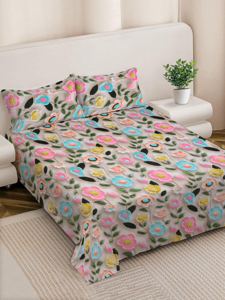 FABINALIV Multicolour Floral 300 Tc 7D King Size Double Bedsheet with 2 Pillow Covers-picture-22
