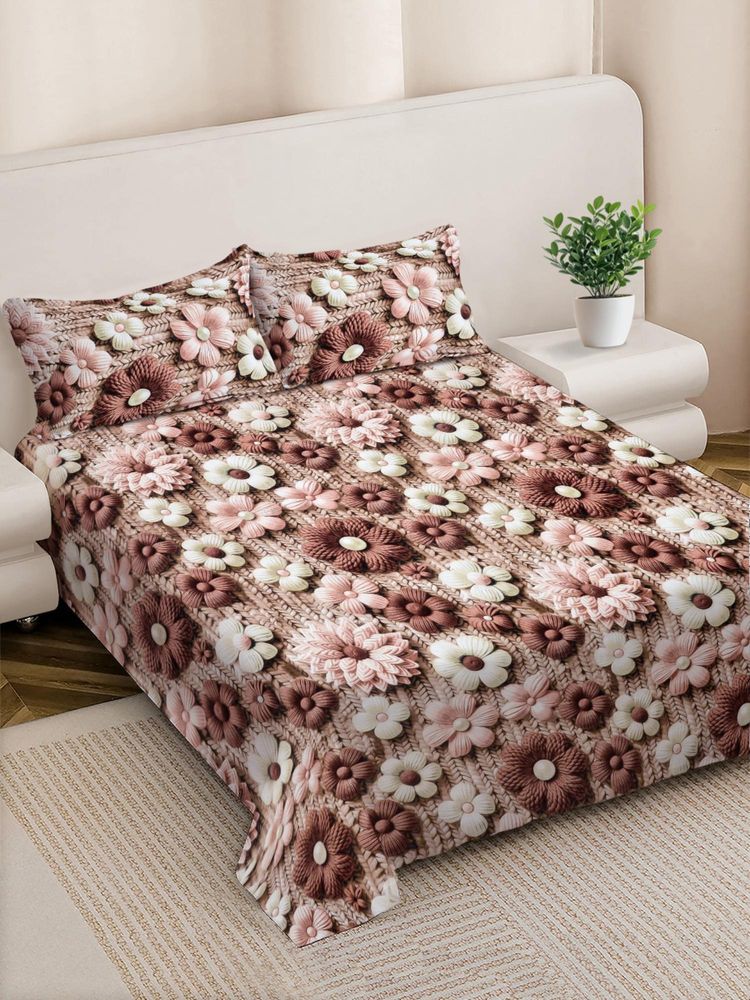 FABINALIV Brown Floral 300 Tc 7D King Size Double Bedsheet with 2 Pillow Covers-image-39