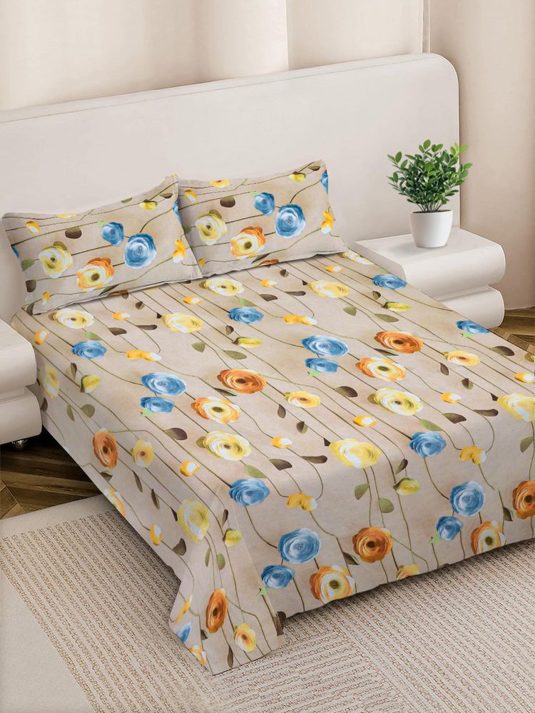 FABINALIV Multicolour Floral 300 Tc 7D King Size Double Bedsheet with 2 Pillow Covers-image-43