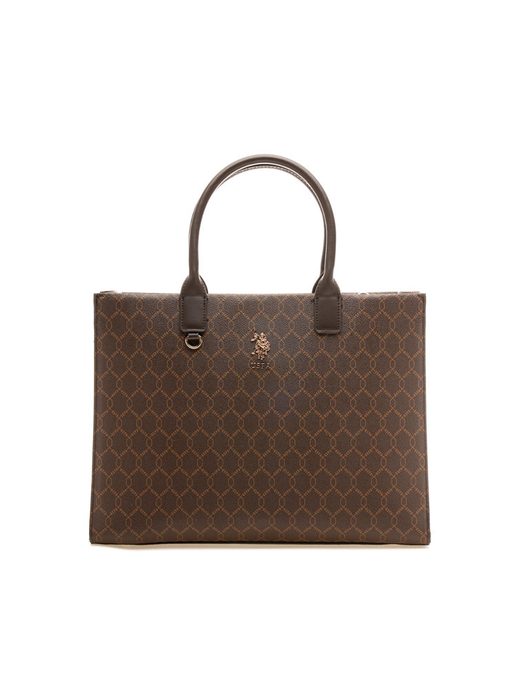 U.S. POLO ASSN. Madison Brown Monogram Tote Handbag with dual Handles-picture-11