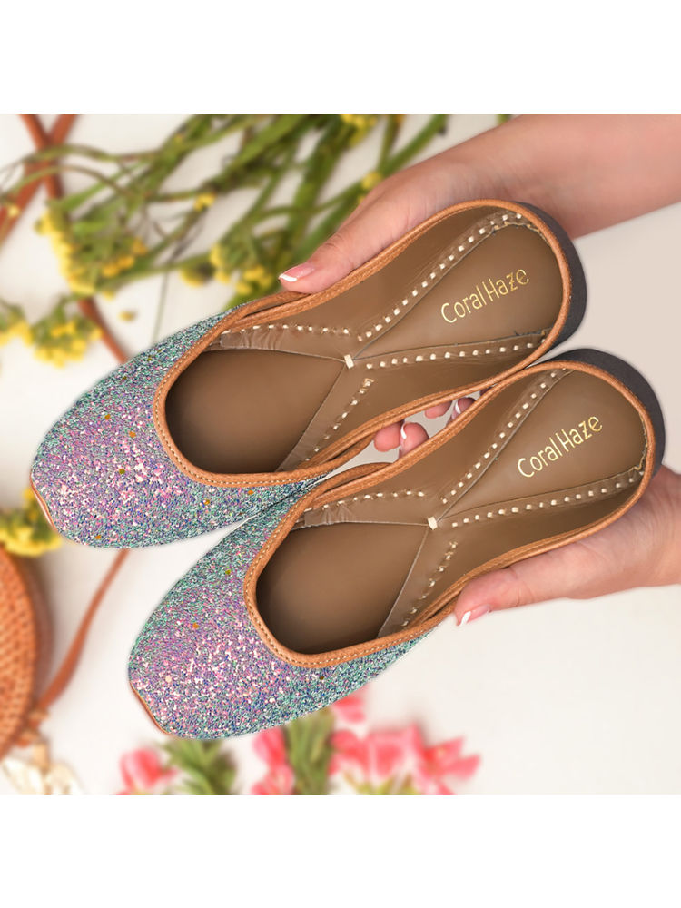Coral Haze Denim Blue Rainbow Glitter Juttis With Denim Back-image-38