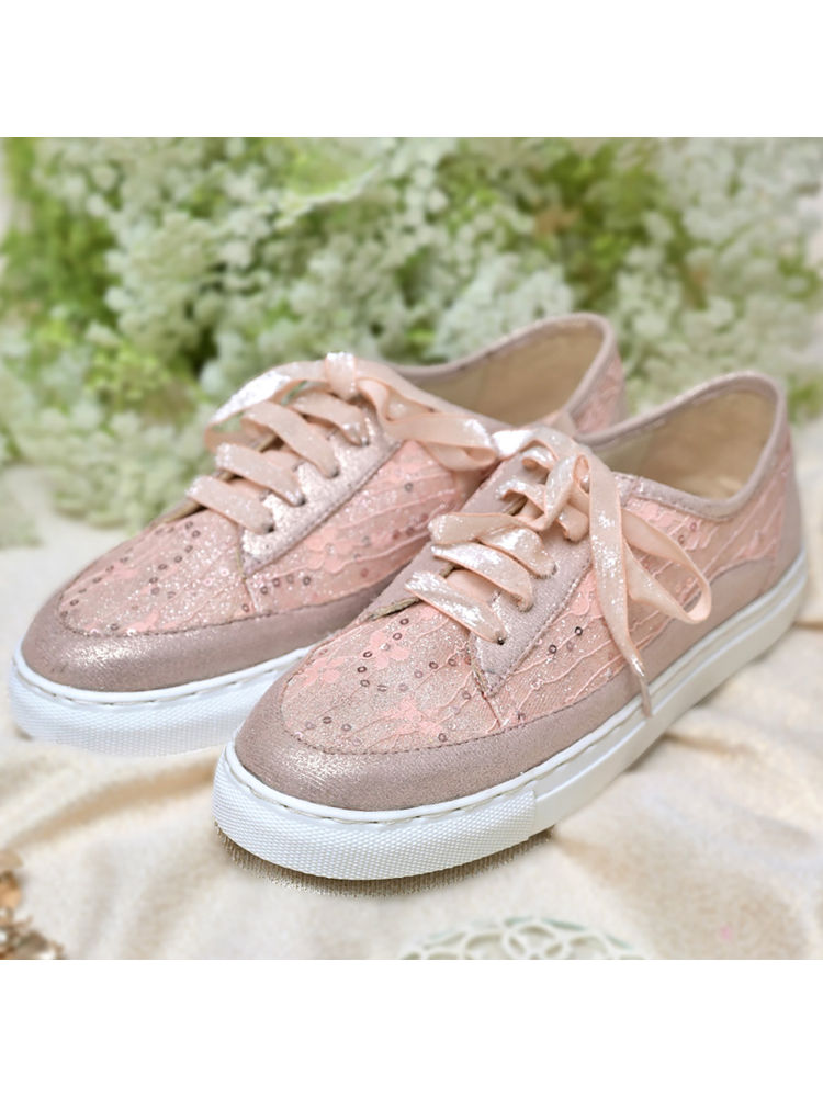 Coral Haze Peach Lace Sneakers With Peach Shimmer Laces And Rose Gold Detailing-image-8